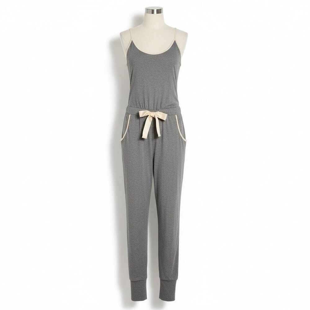 New Look Jumpsuit Women’s Size M Gray Jogger Leg Jumpsuit Pink Bow/Ribbon